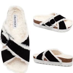 Lisa Vicky Women’s leather platform slip-on leather sandal in  black size 10 NIB